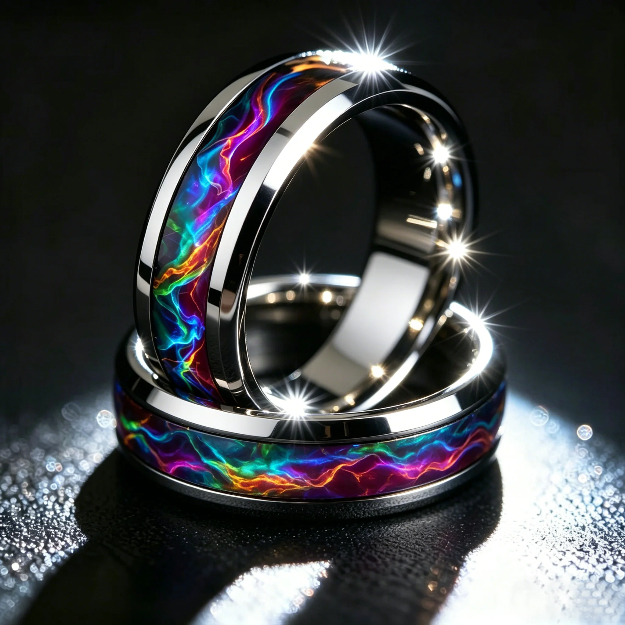 New Fashion Men's Colorful Aurora Galaxy Stainless Steel Ring, Polished Black Band, Punk Biker Jewelry, Cool Male Finger Ring