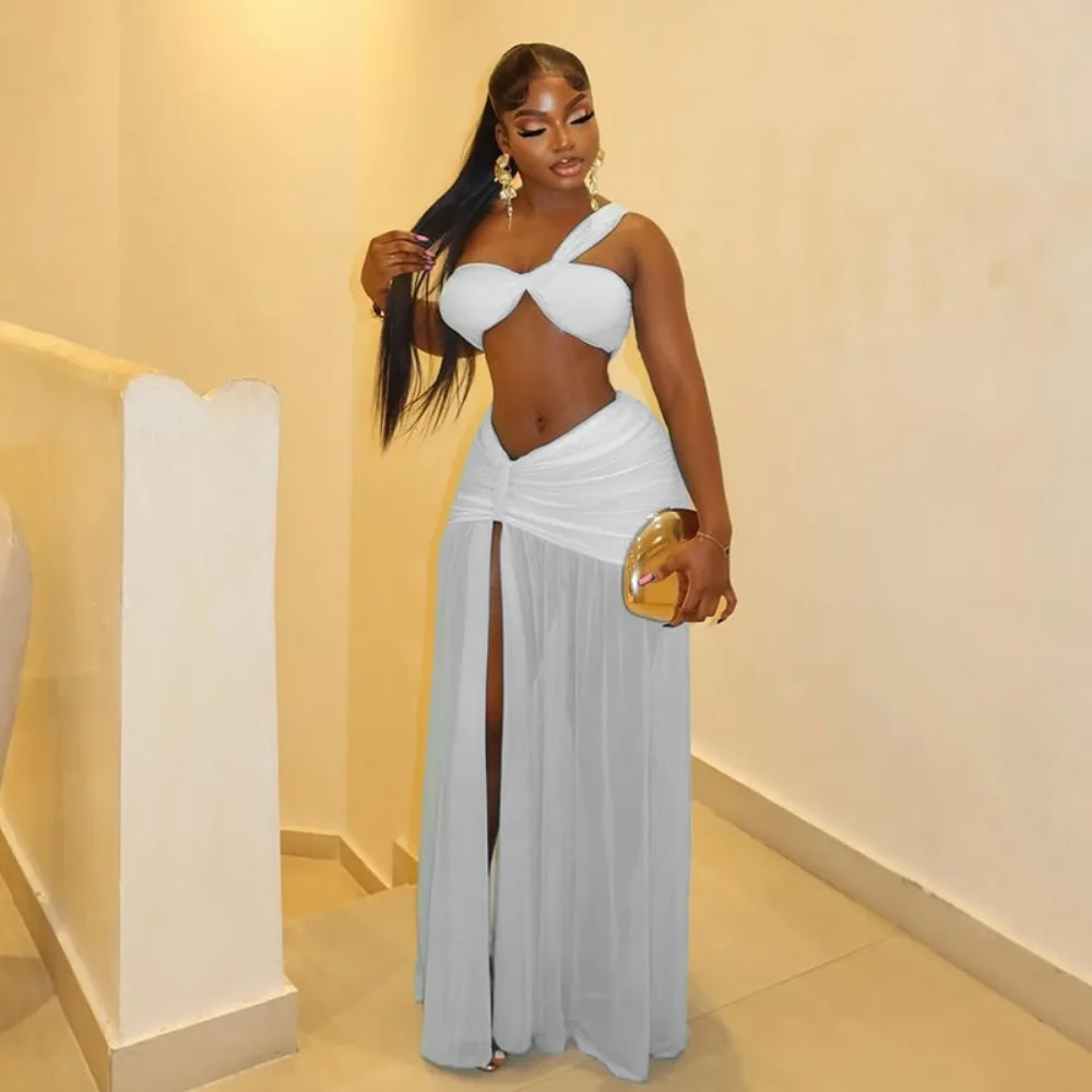 FLARORA セクシーなメッシュ素材のルーシュ加工2ピースセット、女性用ストラップレスクロップトップとハイ スリットロングスカートスーツ、エレガントなビーチバケーションウェア