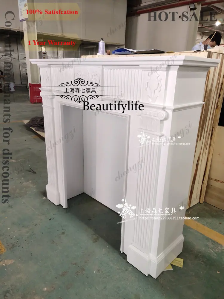B567  New European solid wood carving flower white fireplace cabinet American light luxury interior background wall living room
