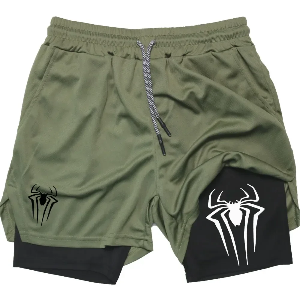 Y2K Performance Shorts Men Spider Printed GYM Casual Sports Compression Shorts Workout Running Mesh 2 In 1 Sport Short Pants