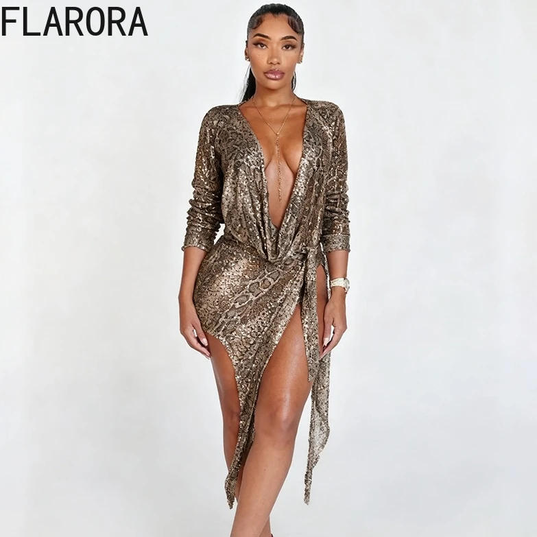 

FLARORA Sexy Serpentine Sequins Dress Woman Deep V Neck Full Sleeve Lace-Up Irregular Hem Mini Dresses Hottie Party Clubwear New