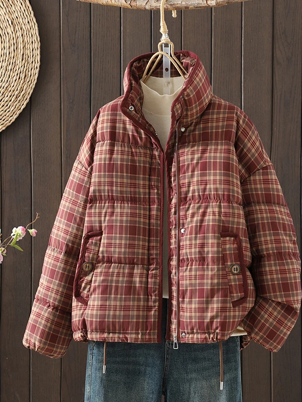 

Faionable ort Свободное женское пальто Thiened, теплое клетчатое пальто с воротником-стойкой, осенне-зимнее новое женское пальто с хлопковой подкладкой