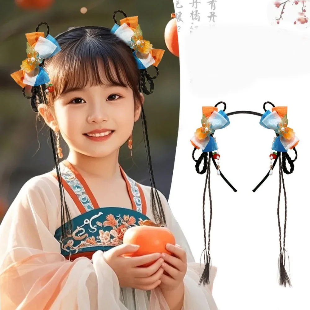 

Lovely Flower Children Wig Headband Tassel Red New Year Hair Accessories Chinese Style Braid Hair Hanfu Headwear Girls