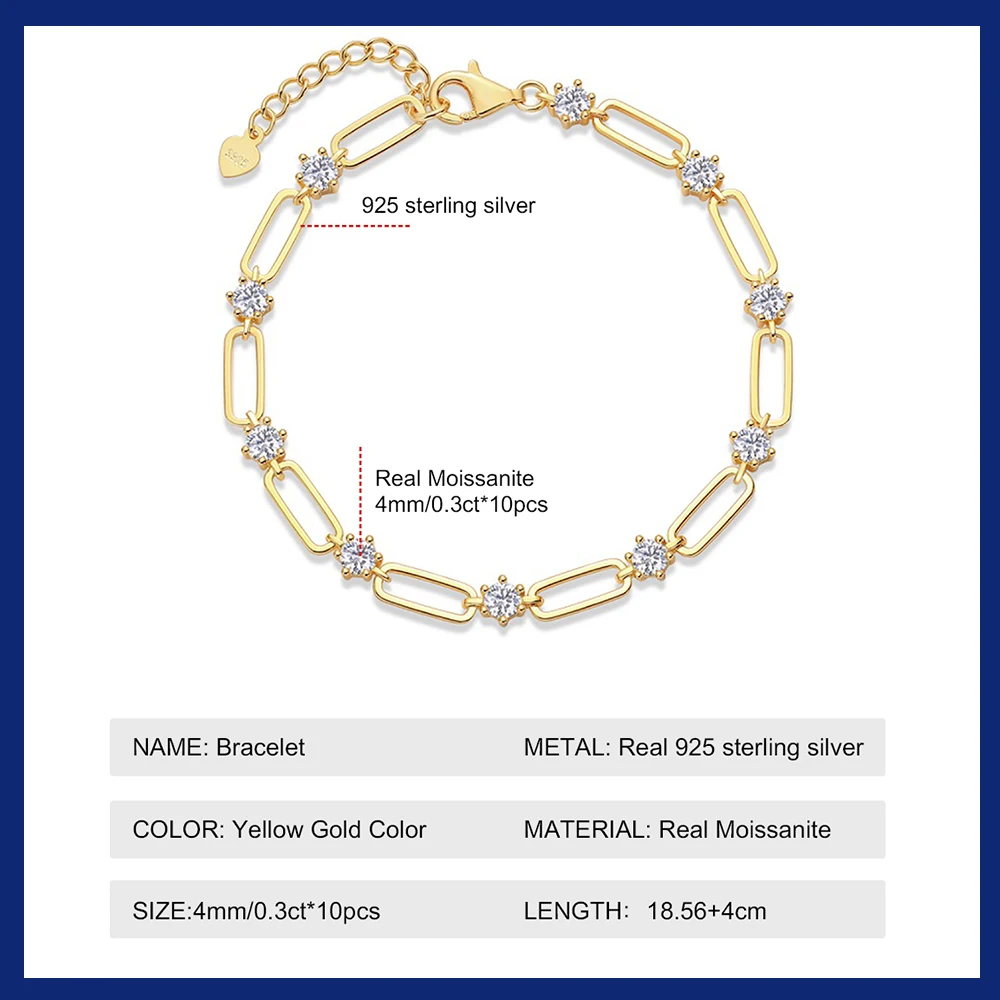 Sweetrain 4mm Moissanite Bracelet For Women 18K Gold Plated 925 Silver D Color Lab Created Diamond Bracelet Anniversary Gift