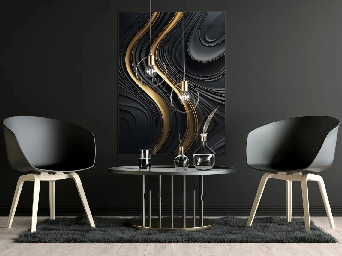 Luxury Black and Gold Abstract Wall arts - Modern 2D Flat Artwork, Elegant Wavy Design, Print Posters, Home Decor, Living Room D