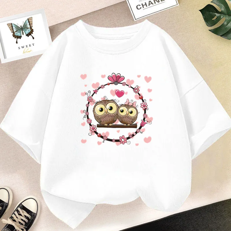 2024 Summer New Fashion Cute Owl Print Girls T-shirt Harajuku Kids Tops Tshirt Casual Streetwear Short Sleeve Pink T shirt