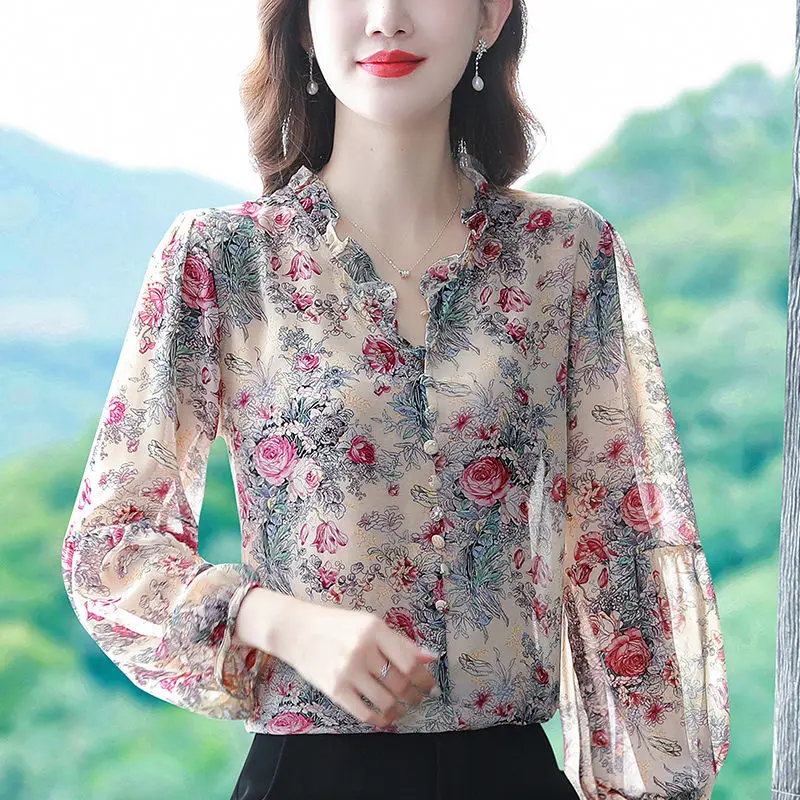 Kaus wanita perca bermotif, blus sifon sembilan perempat, motif bunga longgar, leher V, kancing cetak, baju perca, baju wanita musim panas, musim semi, Minimalis, 2024