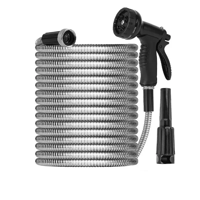 

Садовый водопроводный шланг из нержавеющей стали, металлический уличный шланг с двумя насадками, не скручивается и не запутывается, гибкий и портативный.