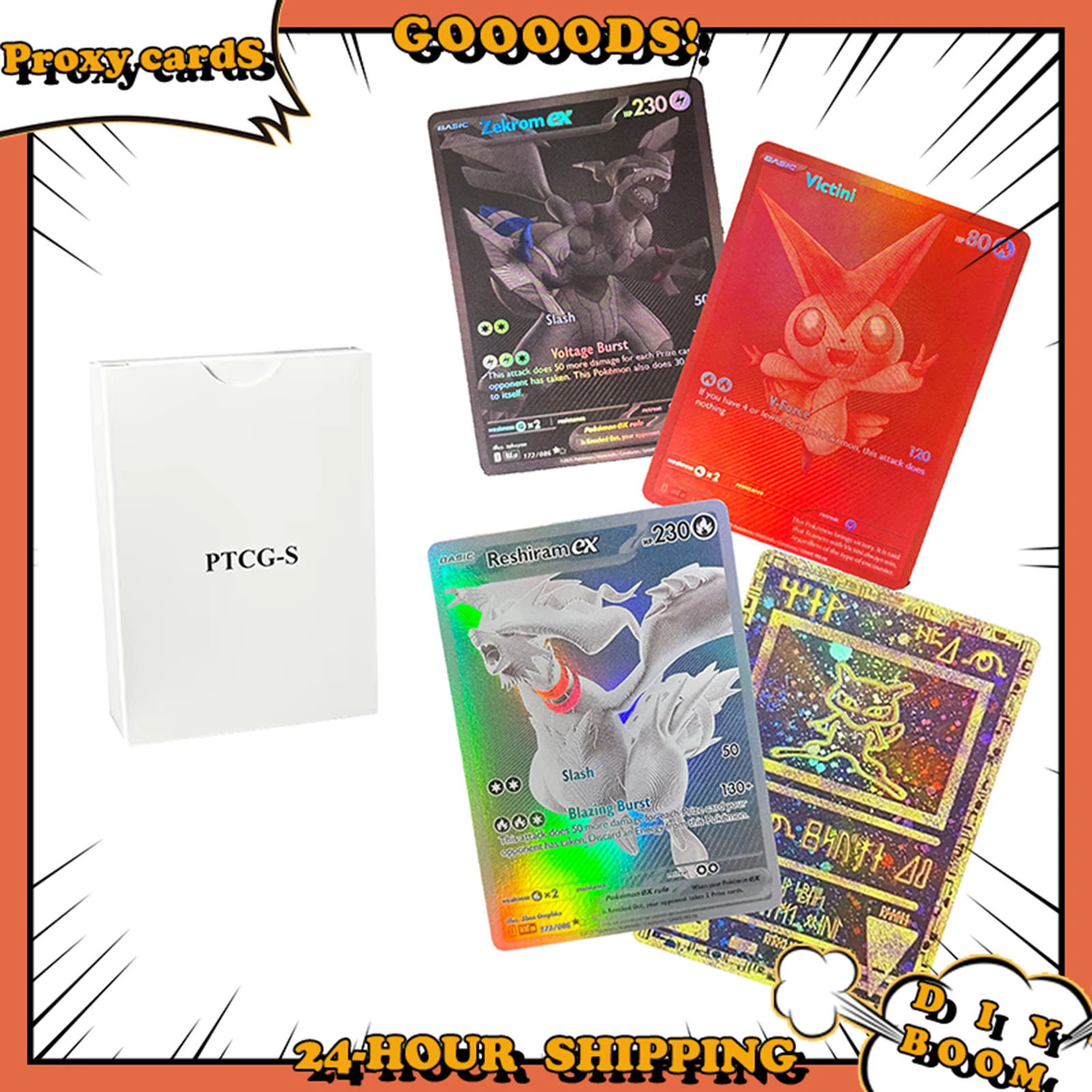 

Прокси-карты Pokémon PTCG-S, весь набор, 55 карт, боевые карты «сделай сам», Zekrom Reshiram Victini Van Gogh Pikachu, египетские карты Пикачу, подарки