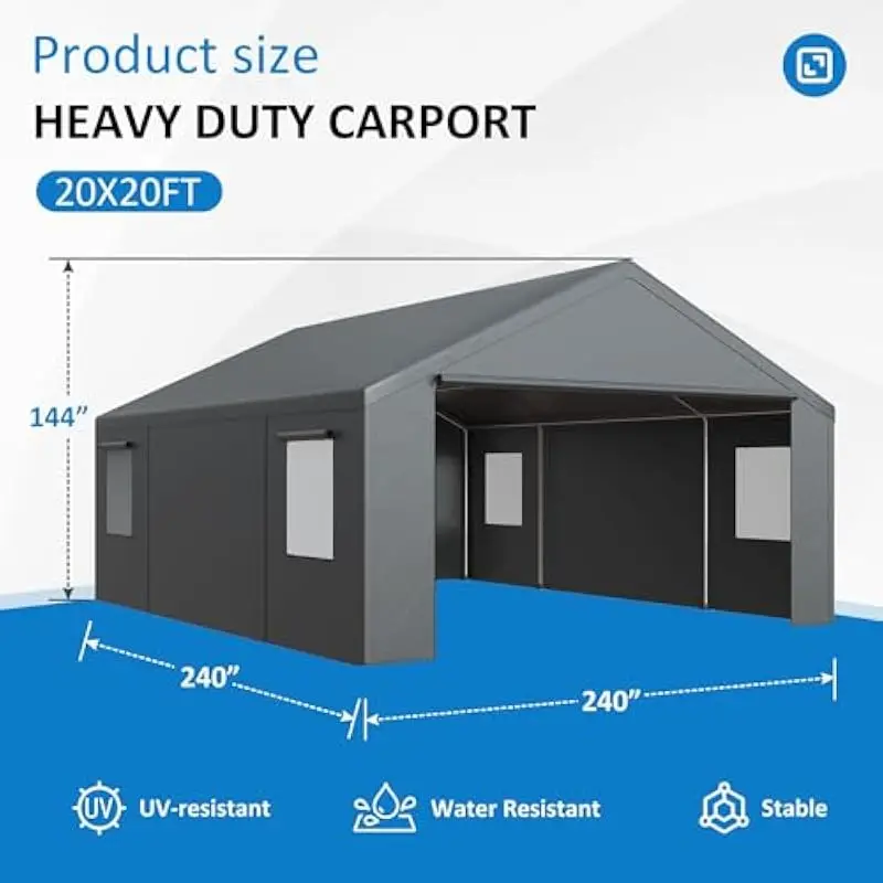20x20 FT All-Weather Enclosed Canopy with Removable Roll-Up Doors Windows Galvanized Steel Frame Triple-Layer PE Tarp Dust Rain