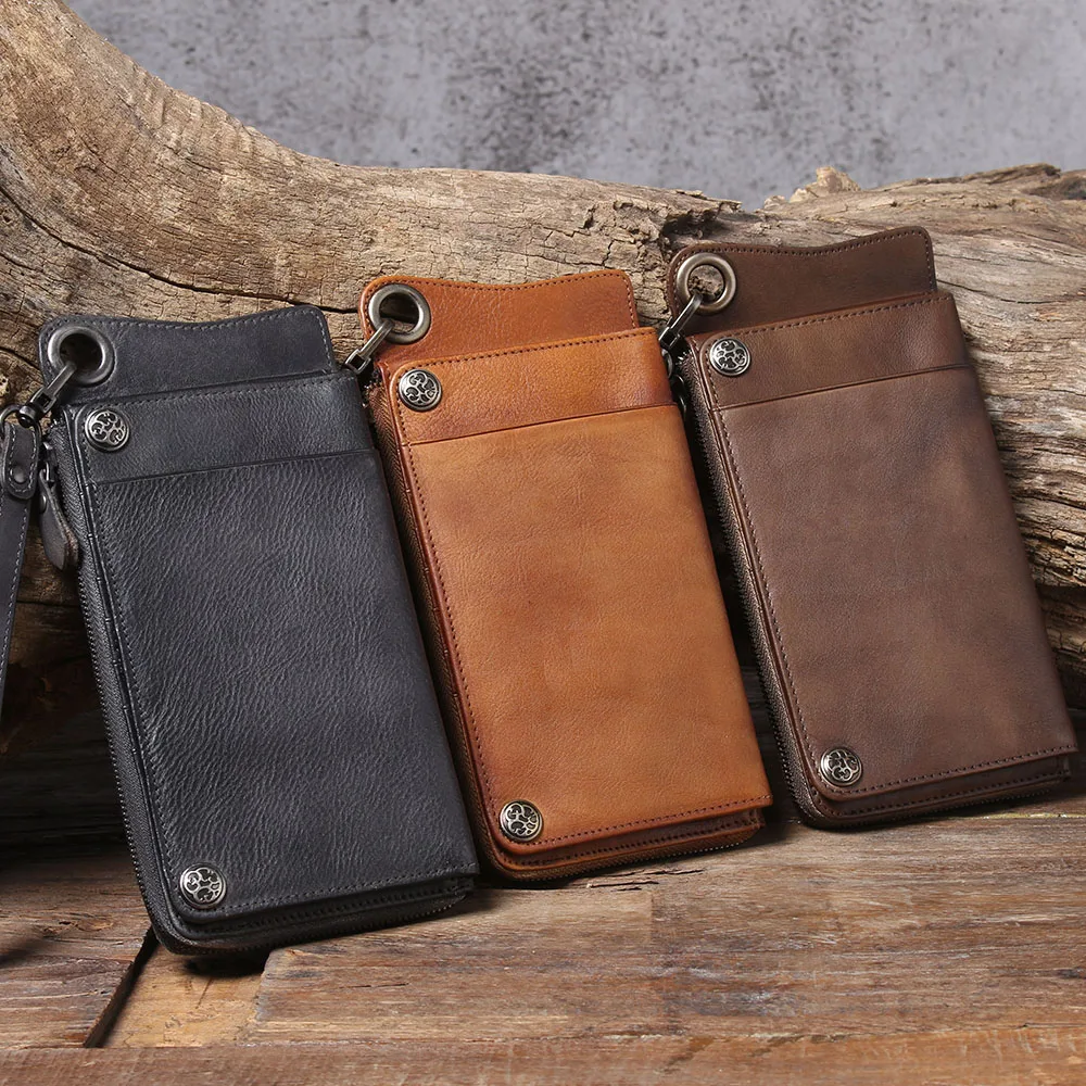 S.WORKER Echtes Vollnarbiges Rindsleder Langes Portemonnaie für Herren, Clutch mit mehreren Kartenfächern, Casual-Geldbörse mit Handgelenkschlaufe – Detail 4