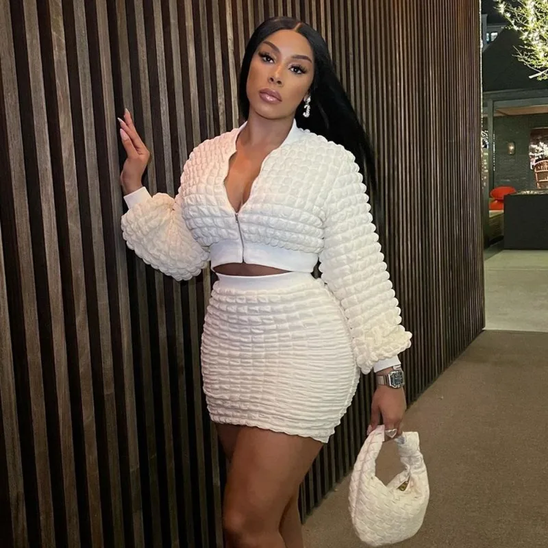 Seersucker Popcorn 2 Piece Dress Set Women Solid White Long Sleeve Zipper Jacket Crop Top High Waist Mini Skirts Streetwear Suit