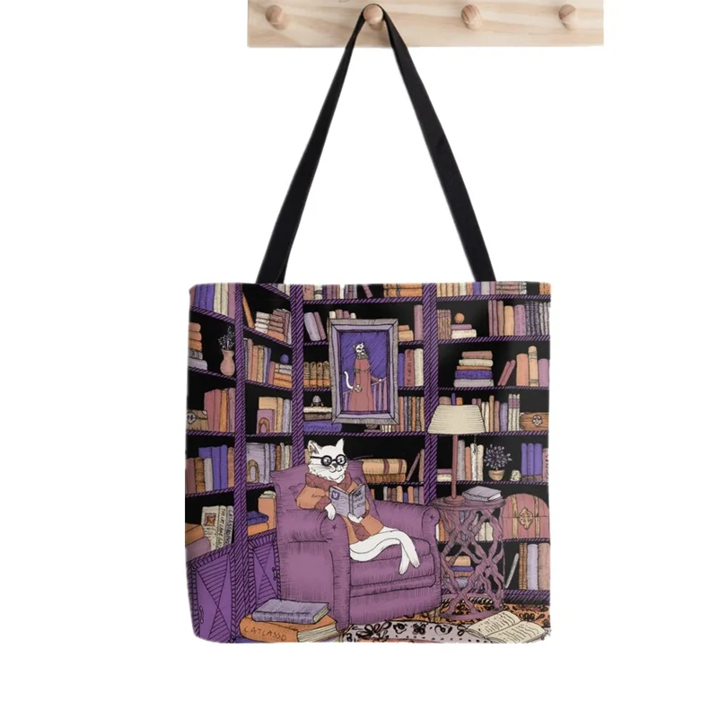 ผู้หญิงกระเป๋านักช้อป Library แมวหนังสือแมว Kawaii Harajuku Shopping Canvas Shopper กระเป๋าสาวกระเป๋าถือกระเป๋าสะพาย Lady กระเป๋า