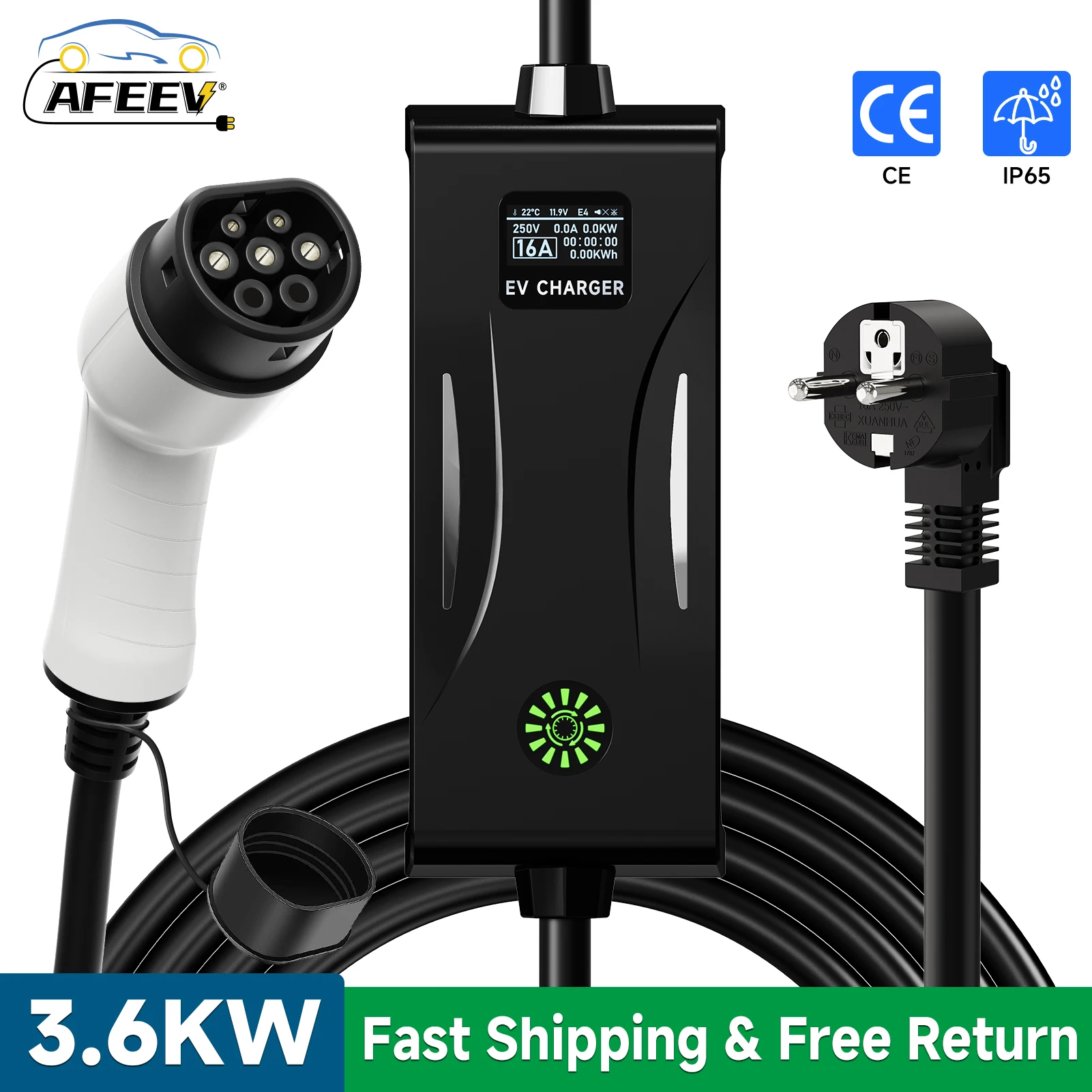 3.6KW 16A Type2 IEC62196-2 Portable EV Charger Type1 SAE J1772   EVSE Charging Cable EU Plug Controller Wallbox for Electric Car