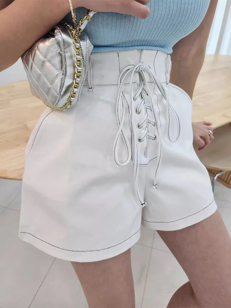 

Chic High Waist Wide Leg Denim orts Women's Faion Summer Cross Belt Design Stitched Line Straight Cut French Sle
