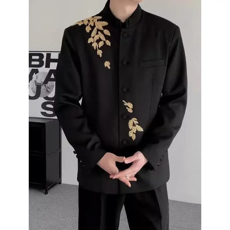 New Chinese Style Heavy Embroidery Plum Blossom Men's Suit Jacket Retro Handsome High End Feeling Casual Long Sleeve Polyeste...