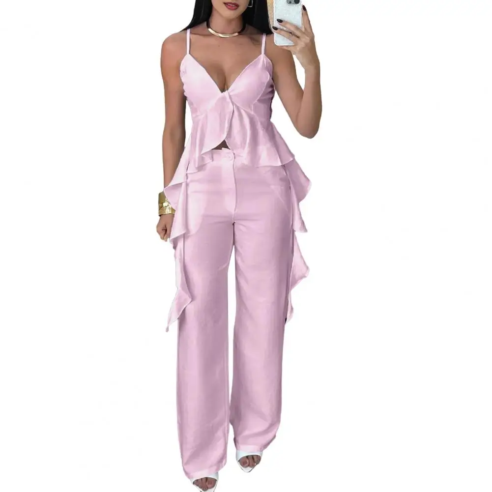 

Solid Color Women Suit Stylish Women's V-neck Top Pants Set for Office Party Wear Ruffled Camisole Top with Straight Pants