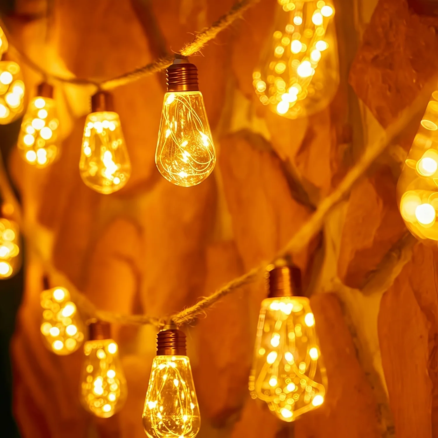 USB Hemp Rope String Lights 8/16/24LED Vintage Edison Style Bulb Fairy Lights for Bedroom Wedding Patio Party Decor