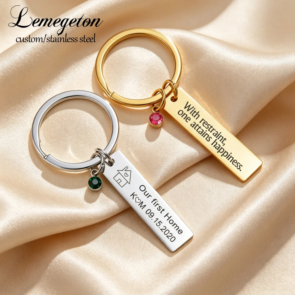 Personalized Rectangle Keychain with Birthstone Engraved Logo Number Text Key Ring Customized Jewelry Birthday Family Gifts