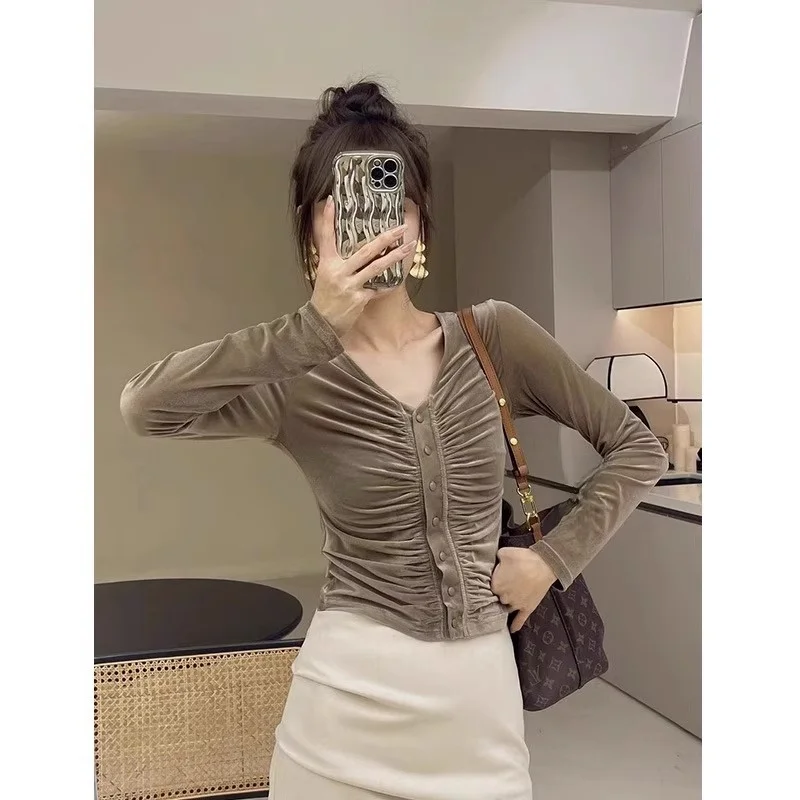 Damska bluzka z długim rękawem, aksamitna, dopasowana, z dekoltem w serek, modna, w stylu koreańskim, idealna do pracy, w jednolitym kolorze.