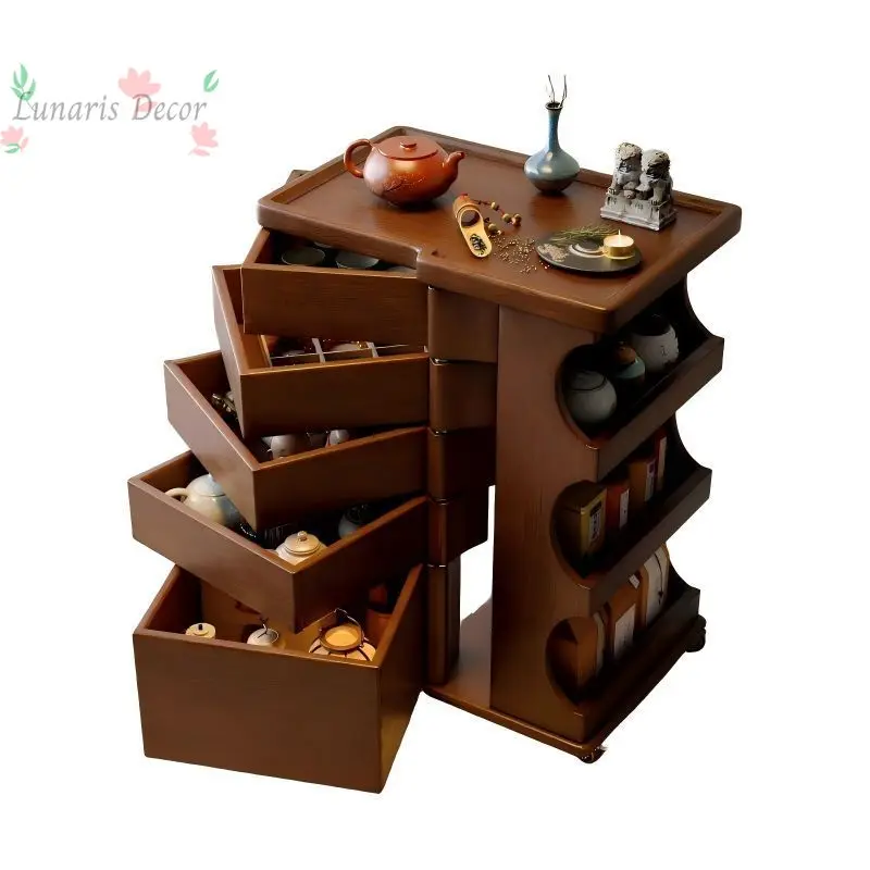 Household Solid Wood Rotatable Tea Trolley with Wheels Multi-purpose Tea Table Cabinet for Tea Set Storage