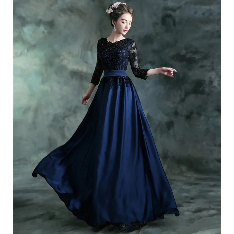 evening-dress-navy-blue-embroidery-beads-o-neck-3-4-sleeves-zipper-back-a-line-pleat-floor-length-plus-size-party-formal-gown