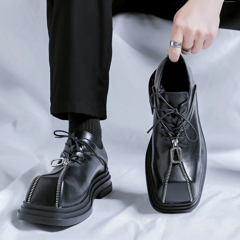 Dress Men's Shoes With Thick Soles And Zippered Design Unique Punk Style Debi Leather Shoes Trendy Fashionable Casual Shoes Men