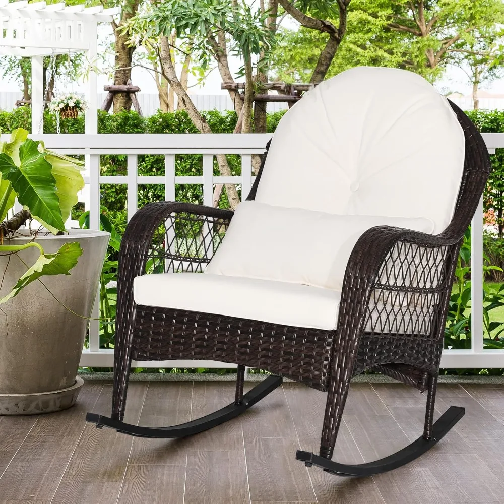 Outdoor Wicker Rocking Chair with Lumbar Pillow, Padded Seat and Back Cushions, Metal Frame for Balcony, Porch, or Backyard