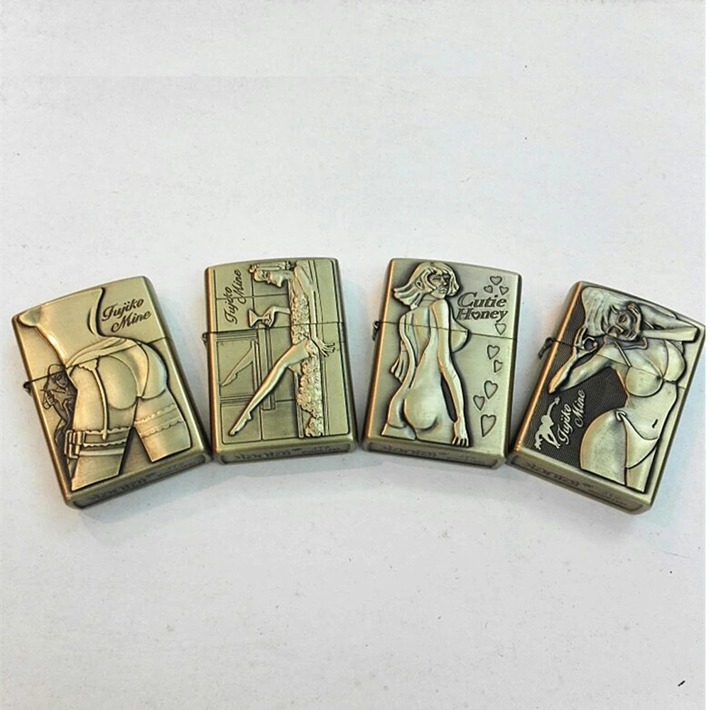 

4Pcs Bronze Windproof Kerosene Lighter Beautiful Girl Embossed Vintage Flint Lighters Metal Grinding Petrol Cigarette