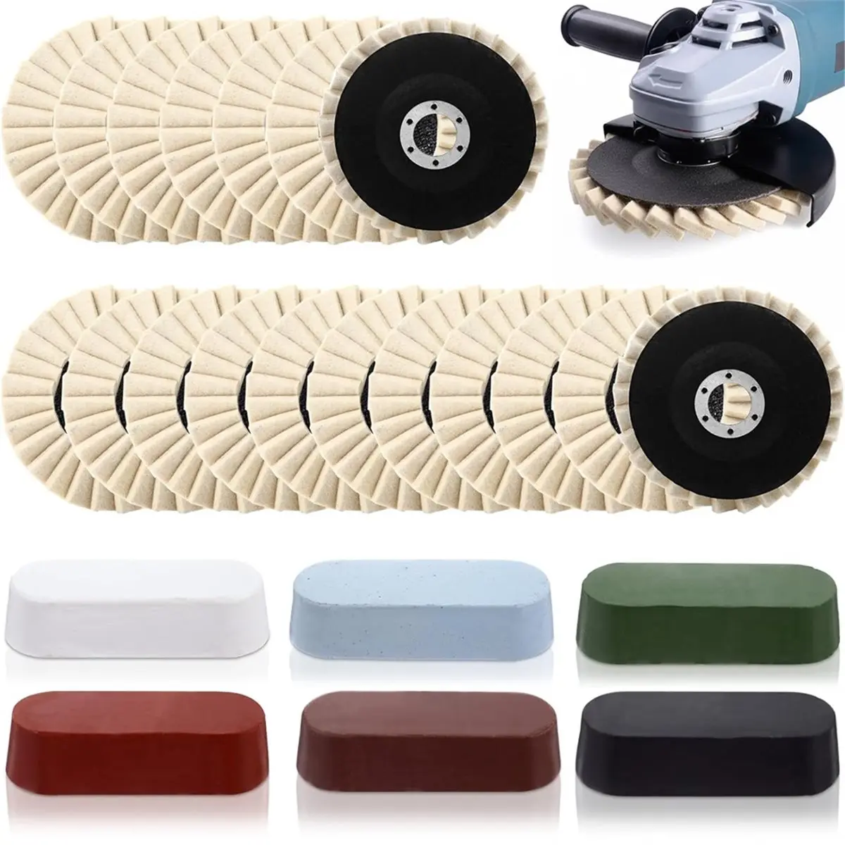 New Arrival@@ Fashion  24 Pcs Wool Polishing Wheel Disc and Polishing Compounds Set Flap Disc for Angle Grinder Aluminum Wood A