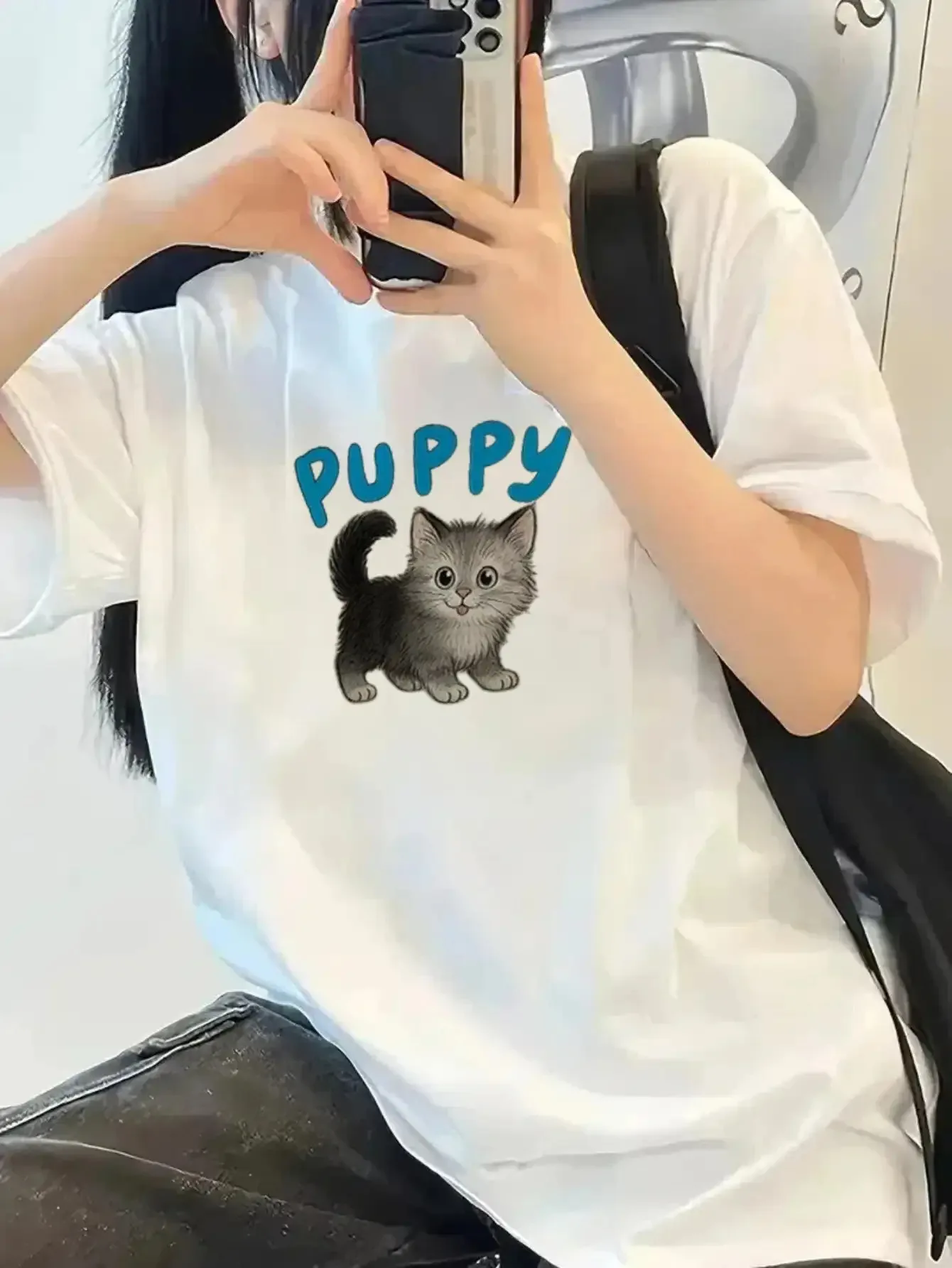 

Womens Cute Puppy PUPPY Letter Print with Kitten-like Black Harajuku Sleeve Casual Clothing Street Tops Tees Aesthetic Clothes
