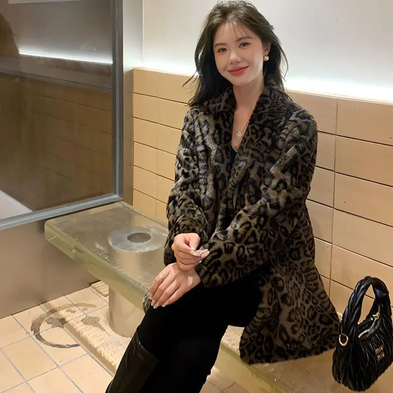 冬ジャケットヒョウ柄ブレザー女性服スーツ襟コートフェイクミンクファーシープスキンミッドレングスファッションスーツジャケット女性