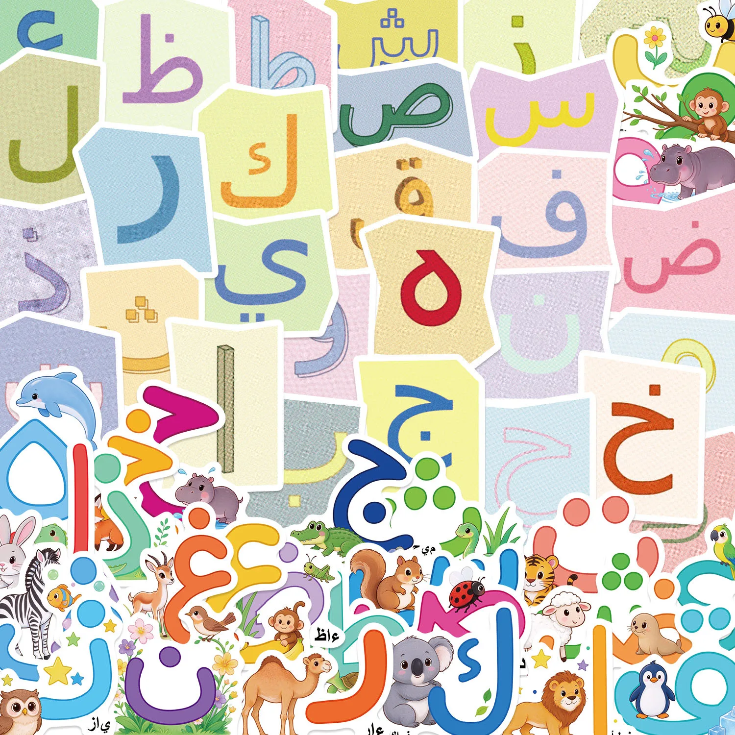 56 PCS Cartoon Arabic Alphabet Fun Animal Graffiti Stickers Decorate Diary Luggage Laptop Scrapbook Waterproof Decals