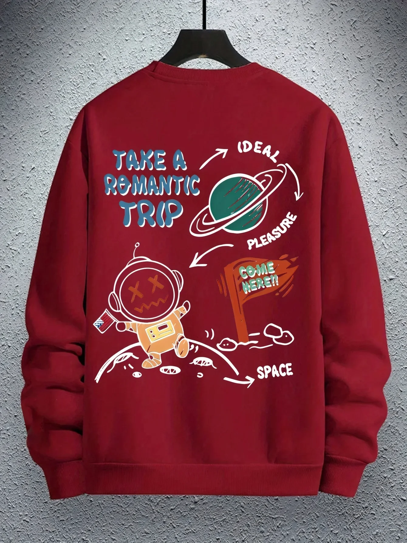 Herren-Sweatshirt mit Rundhalsausschnitt, langärmeliges Pullover-Modell mit Cartoon-Astronauten- und Planetenmuster, lässiger Streetwear-Sweatshirt mit lockerer Passform. – Detail 6