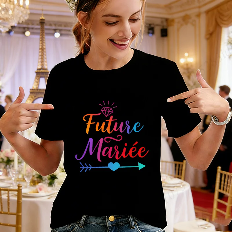 French Future Bride Team T-Shirts, Rainbow Diamond Arrow Graphic Tees, Short Sleeve Tops for Bachelorette Party Bridal Shower