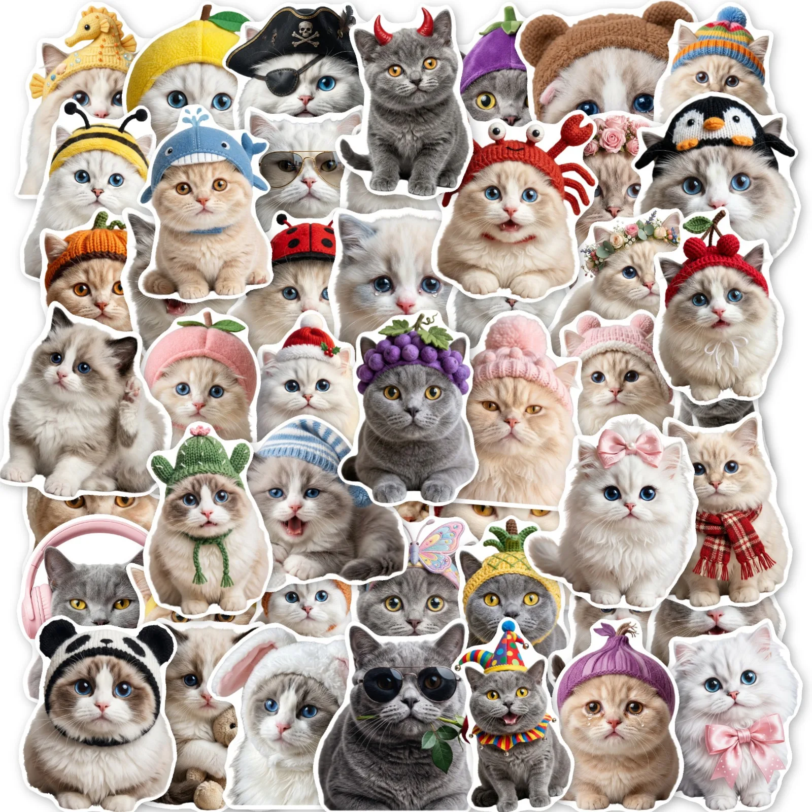 50-Pack Adorable Cat Costume Stickers Waterproof Durable Decorations for Guitars Helmets Notebooks Stationery Funny Cat Decals