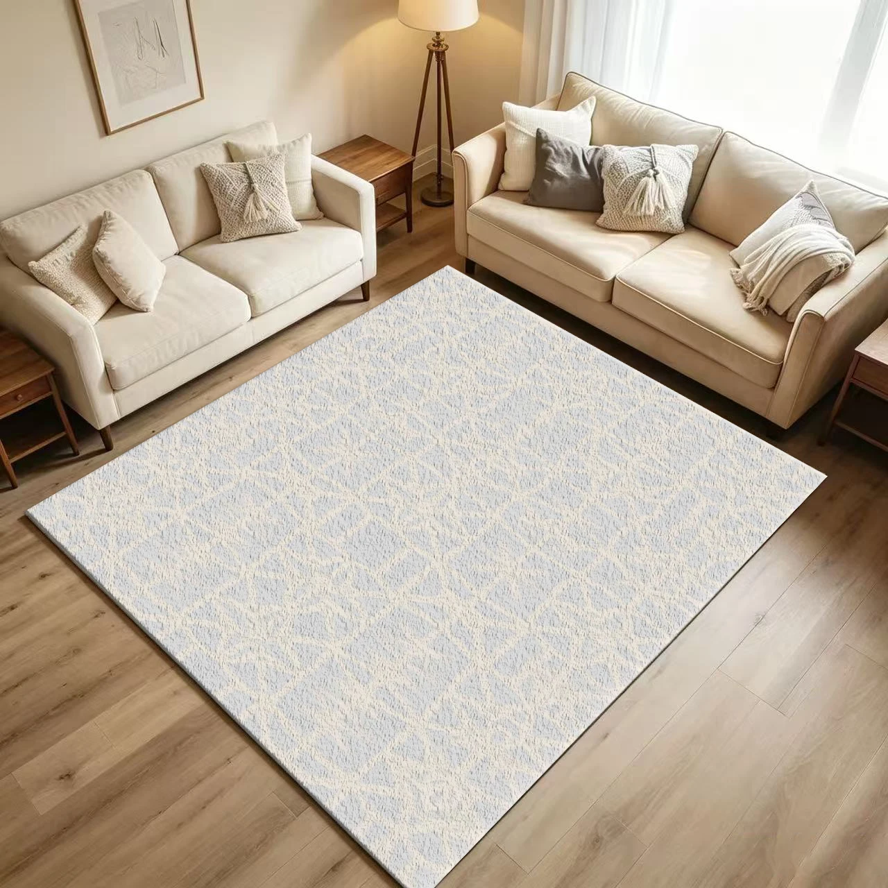 Soft Light Grey Abstract Line Carpet Flooring Minimalist Hand‑Drawn Geometric Lattice Seamless Pattern Printed Floor Rug for Household Indoor Simple Home Decor