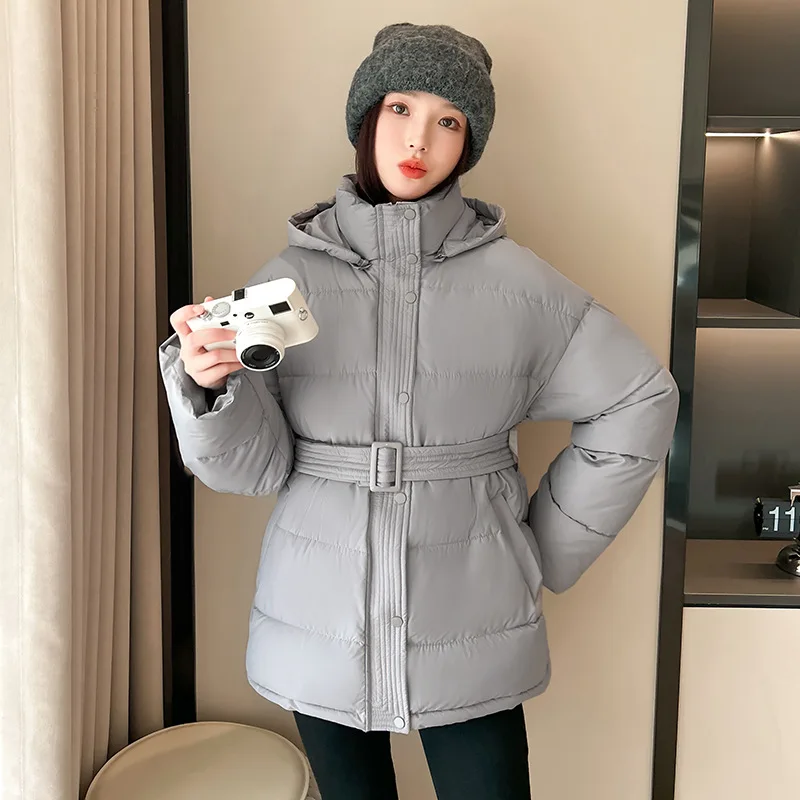 

2025 New Korean Puffer Jacket Winter Women Clothes Stand Collar Winter Cotton Padded Coat With Belt Female Hooded Outwear
