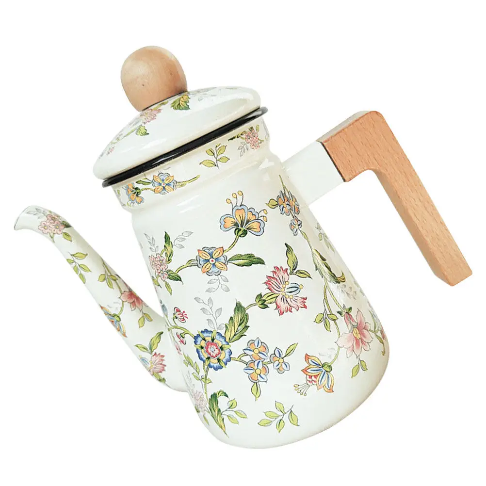 Enameled Teapot High Temperature Resistant Home Kettle Coffee Office Camping Desktop Tea Pot Wooden H Sturdy Solid view 2