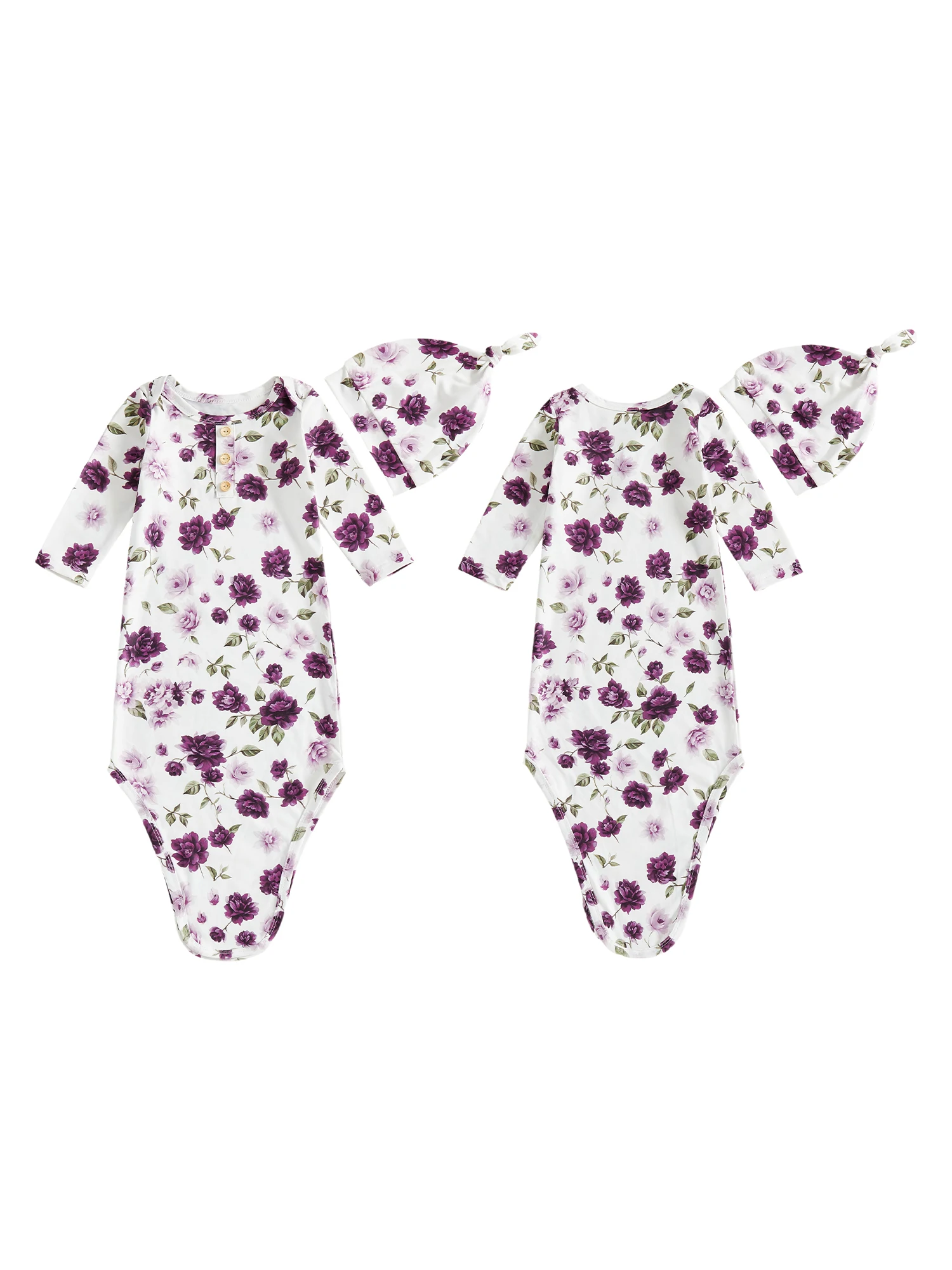 طقم ثوب وقبعة معقودة بطبعة زهور للفتيات الصغيرات الرضع بأكمام طويلة ورقبة دائرية وزر ملابس نوم لحديثي الولادة