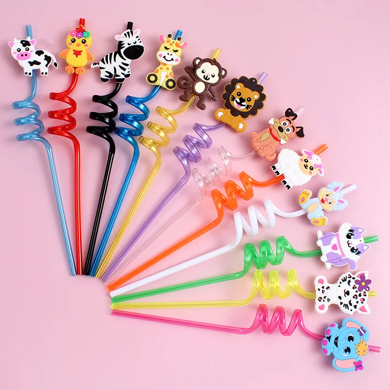 12pcs Reusable spiral-shaped PET straws featuring a sports-t