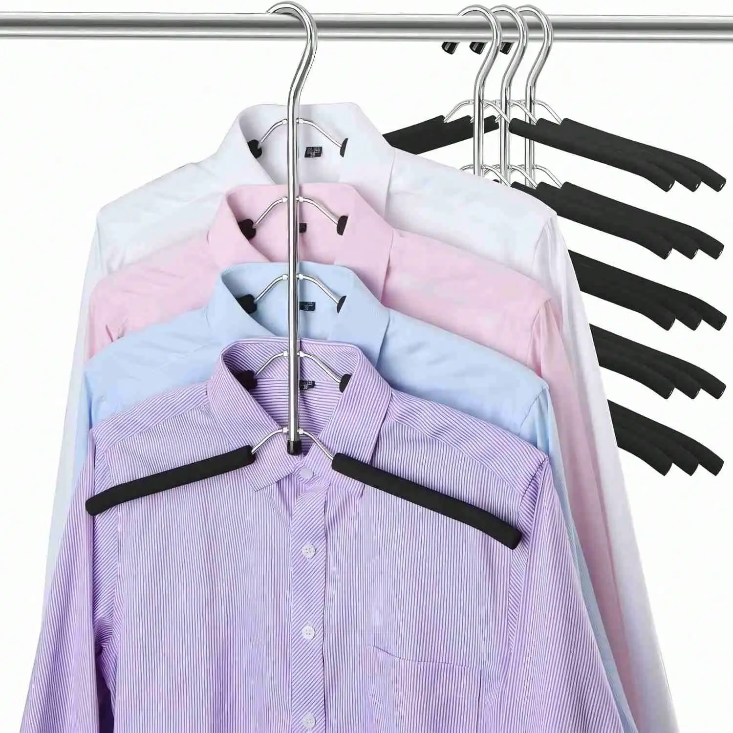 

2/4 Pack Black Clothes Hangers, Space Saving Shirt Hangers, 5 In 1 Closet Storage Organizer Non Slip Coat Hangers With Padded Foam Stainless Steel Hangers For Sweatshirt T-Shirt Hoodie Sweater