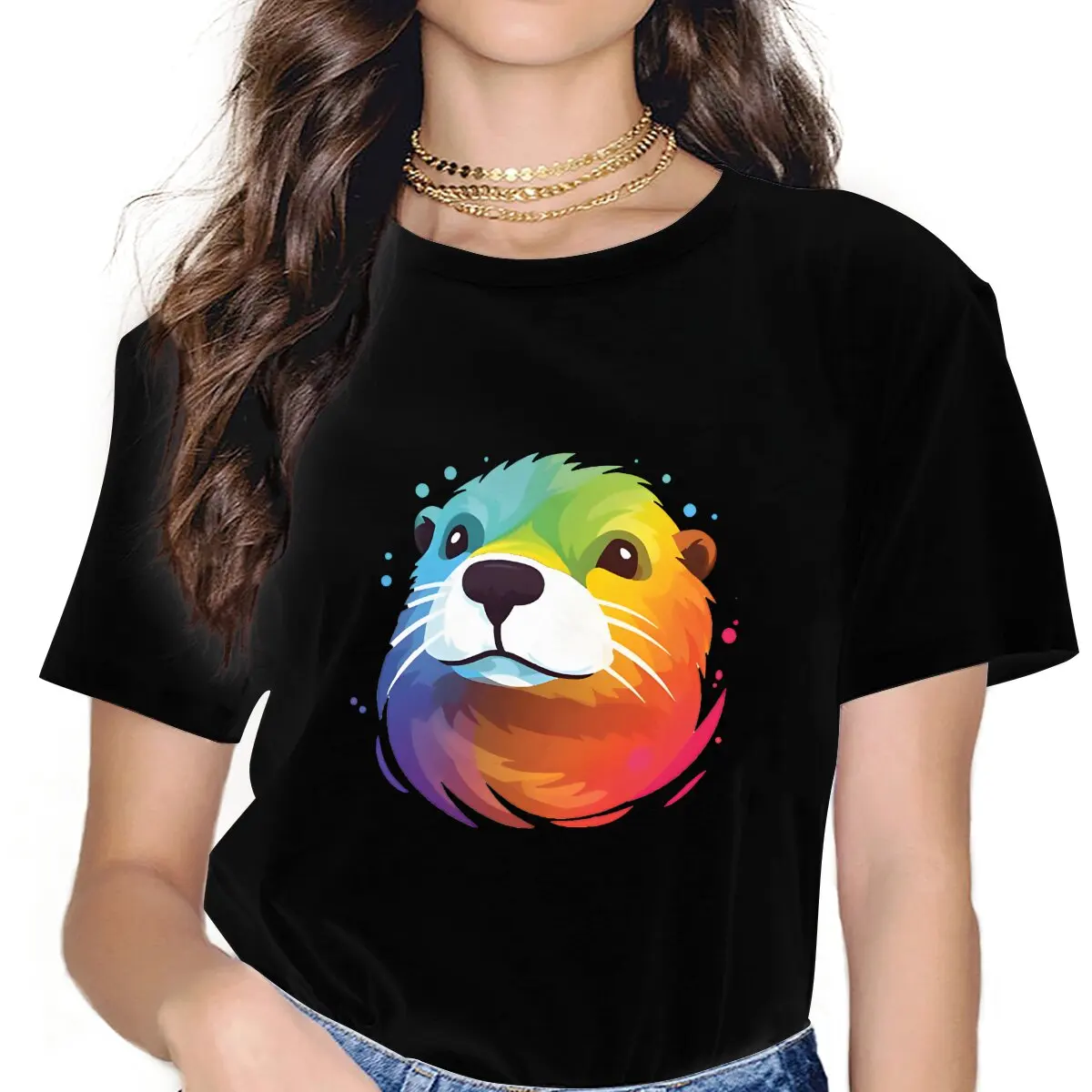 Camiseta de poliéster con estampado de arcoíris Critters para mujer, ropa de calle informal, estilo nutria