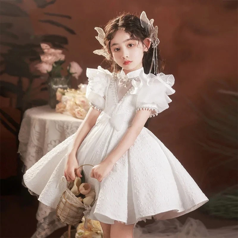 Robe de baptême de perles pour filles, robe de princesse pour tout-petits, robes de soirée tutu pour enfants, robe de mariage élégante, fête du 1er