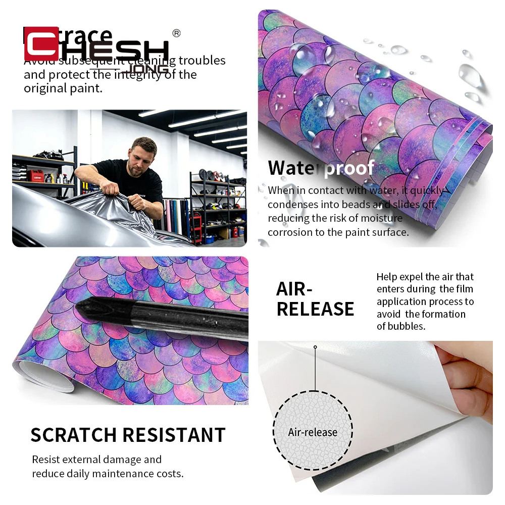 Colorful Mermaid Fish Scale Vinyl Wrap Holographic Iridescent Air Release Sticker Car Interior Laptop Craft Decor Adhesive Film