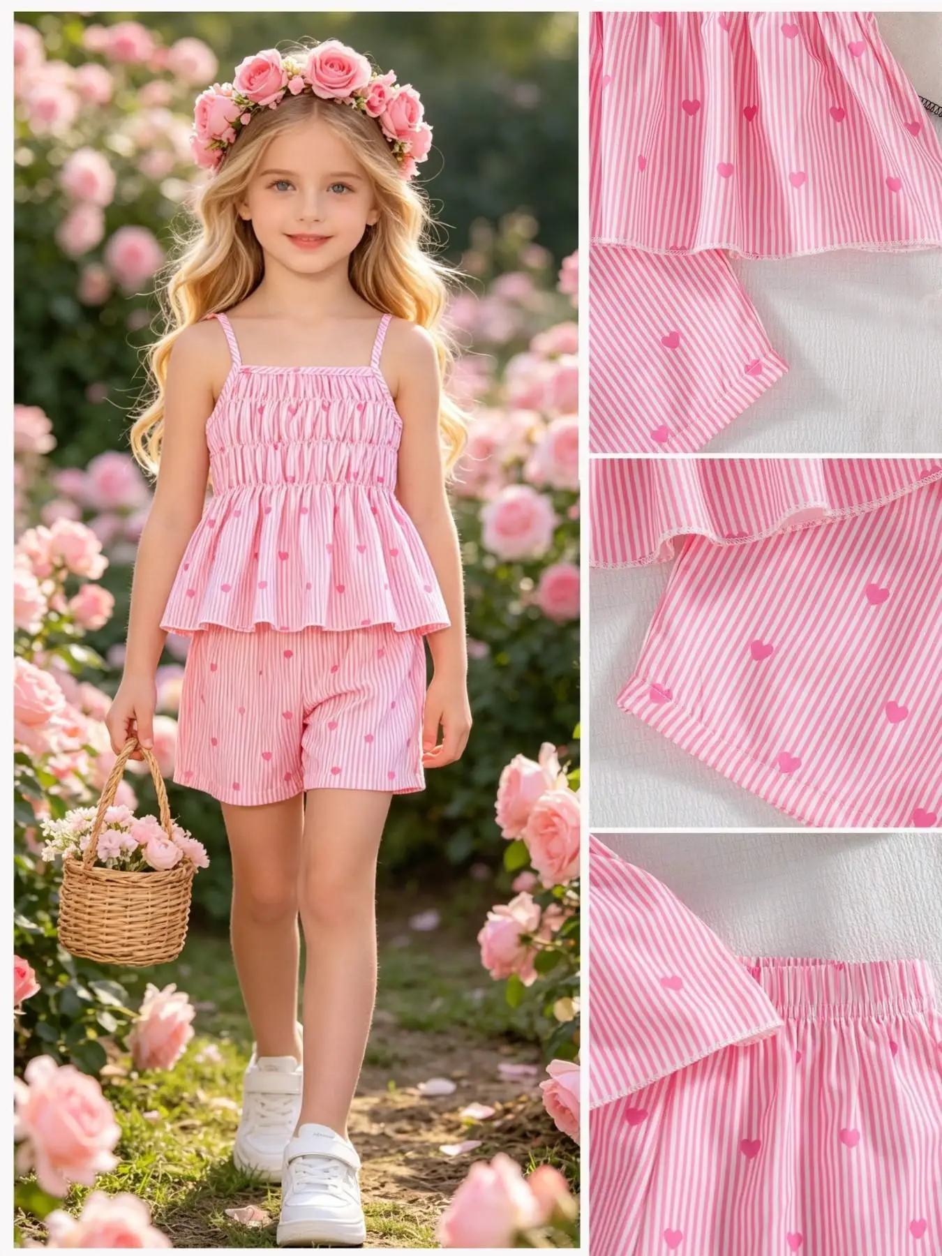 Sommerliches, lässiges Zweiteiler-Set für Mädchen: Gestreiftes und mit Herzen bedrucktes Spaghettiträger-Top + Shorts mit elastischem Bund – Ein stilvolles, lässiges Outfit – Detail 1