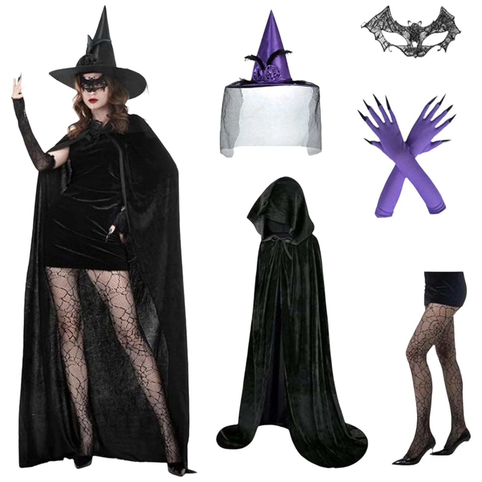 Zestawy akcesoriów na Halloween dla wiedźm z peleryną z kapturem, czapką wiedźmy, maską na twarz, niektóre z rękawicami i pończochami dla kobiet do cosplayu.