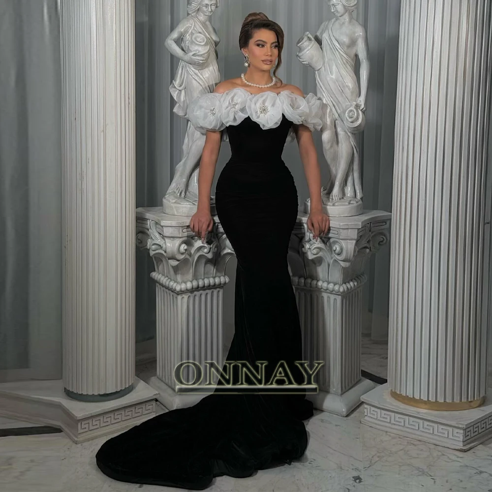 

Customized Trendy Off The Shoulder Prom Dresses 3D Flowers Beadings Mermaid Pearls Kuwait Dubai Plus Vestidos De Fiesta