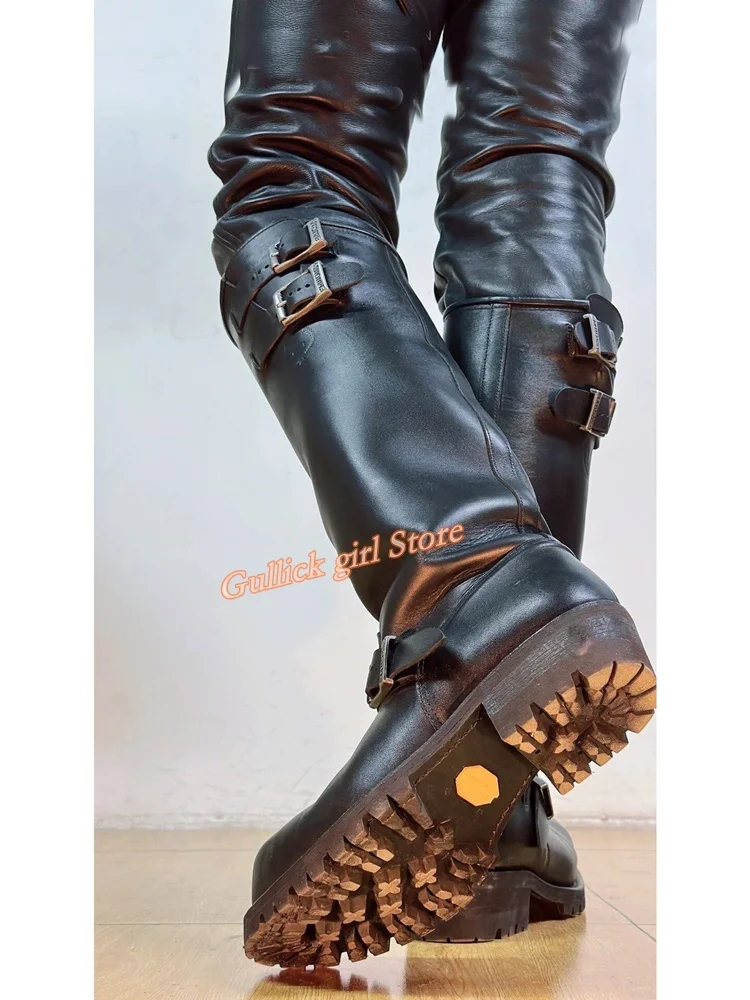 

Мужские черные кожаные ботинки до колена с круглым носком, на толстом каблуке, с пряжкой, коллекция Runway 2026, зима-осень, мужские туфли без шнурков