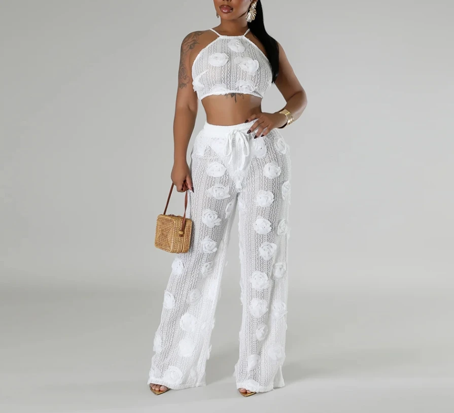 

Sexy Women's Two-Piece Set Sweet 3D Flower Decal Halter Tie Up Crop Top Solid Color Perspective High Waist Wide Leg Pants Set